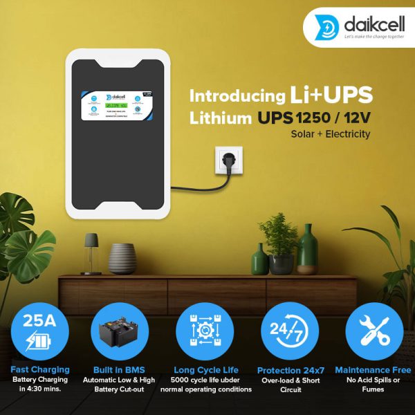 daikcell 3 in 1 inbuilt Lithium-ion Inverter Battery for Home |  Solar+Electricity Charging | Pure Sinewave 1100VA/12V | 1280Wh with 15 Year Life | Wall-Mountable | 5 Years Warranty - 1KVA