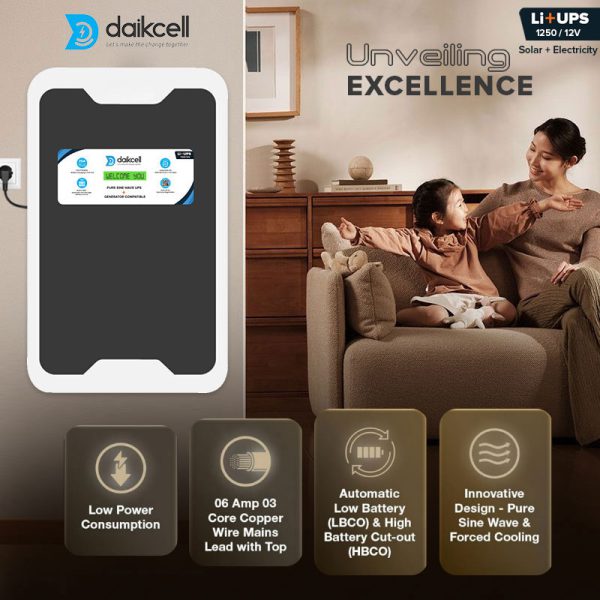 daikcell 3 in 1 inbuilt Lithium-ion Inverter Battery for Home |  Solar+Electricity Charging | Pure Sinewave 1100VA/12V | 1280Wh with 15 Year Life | Wall-Mountable | 5 Years Warranty - 1KVA