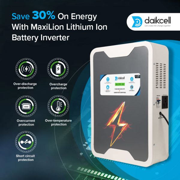 daikcell 3 in 1 inbuilt Lithium-ion Inverter Battery for Home |  Solar+Electricity Charging | Pure Sinewave 1100VA/12V | 1280Wh with 15 Year Life | Wall-Mountable | 5 Years Warranty - 1KVA