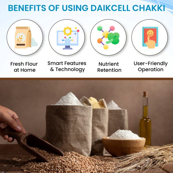 daikcell Fully Automatic Domestic Flour Mill Machine - 2HP Copper Motor Atta Chakki, 14-16 Kg/Hr Capacity, Stainless Steel Hopper, Low Voltage (170V) Multi-Grain Grinding - 5 Year Motor Replacement Warranty