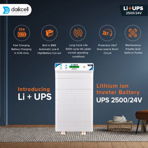 daikcell 2 in 1 inbuilt Lithium-ion Inverter Battery | Pure Sinewave 2500 VA/24V | 2560 Wh with Upto 15 Year Life | 5 Years Warranty - 2.5KVA ( Runs Even 1 HP Motor )